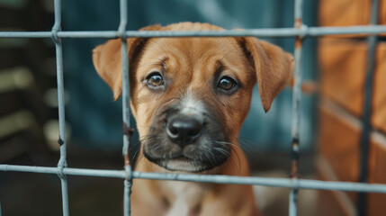 A puppy with sad eyes looks through the bars of its cage at the animal shelter