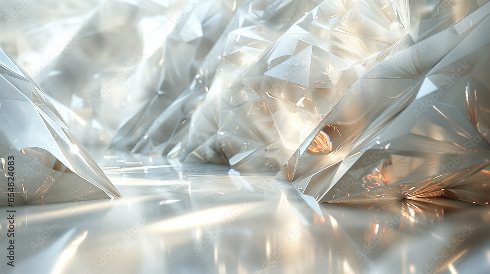 Poster a crystalline abstract scene with sharp, reflective surfaces and soft, glowing light creating a sere