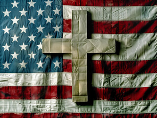 American Flag with Wooden Cross Overlay