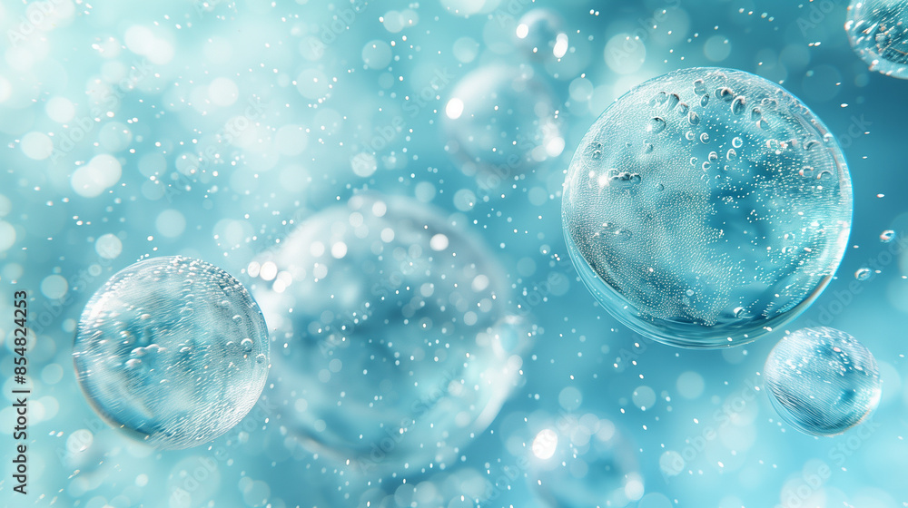 Poster crystal-clear bubbles floating in a bright, blue, bokeh-filled background, creating a serene atmosph