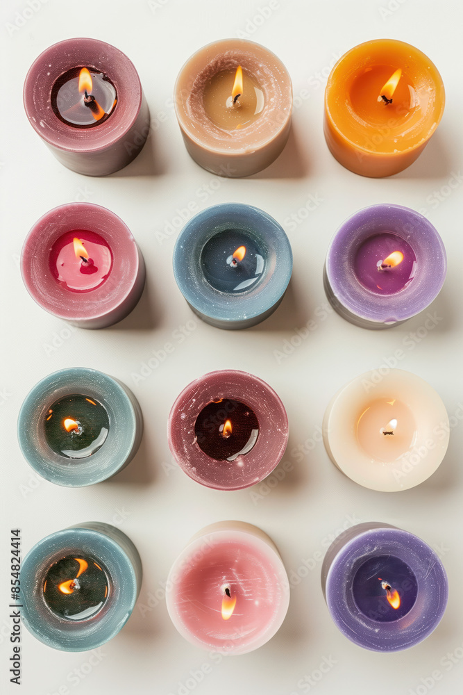 Poster top down view of colorful candles on a white background. created with generative ai technology.