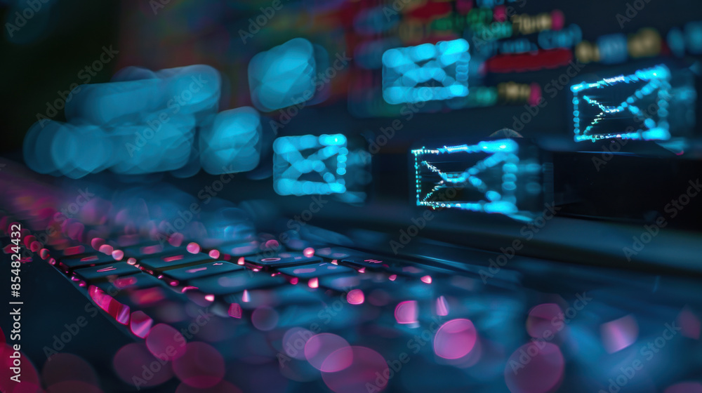Poster digital representation of email notifications floating above a keyboard with abstract blue and pink 