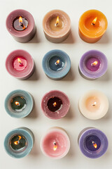 Fototapeta premium Top down view of colorful candles on a white background. Created with Generative AI technology.
