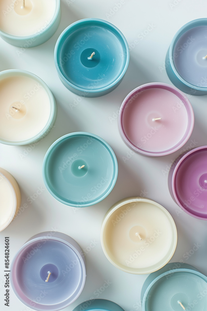 Poster top down view of colorful candles on a white background. created with generative ai technology.