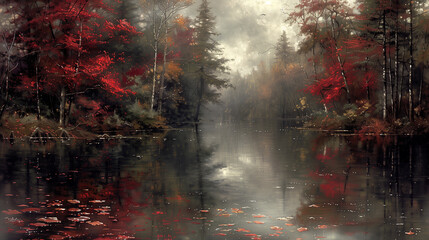 Painting of lake with red trees, calm water.