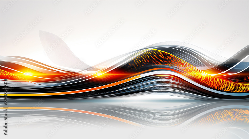 Poster a sleek, abstract design with flowing lines in orange, black, and white, creating a dynamic and mode