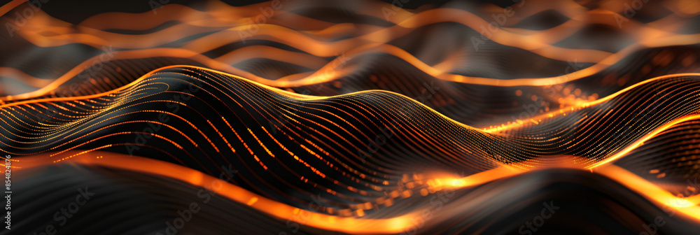Poster abstract background with dark lines and waves of golden light, 3d rendering.