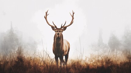 Majestic stag standing in a misty field with tall antlers, surrounded by autumn-colored grass and a foggy forest background.