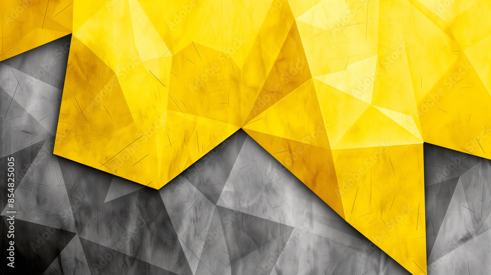 Poster bold yellow geometric shapes overlaying a textured gray background, creating a dynamic and modern de