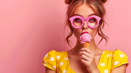 Model with Ice Cream: A brunette woman in a yellow polka dot dress, holding an ice cream cone with a joyful expression, against an isolated pink background.