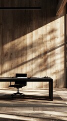 a modern home office with a black wall, wooden paneling, and minimalistic desk and chair design, complemented by a plant on a sideboard.