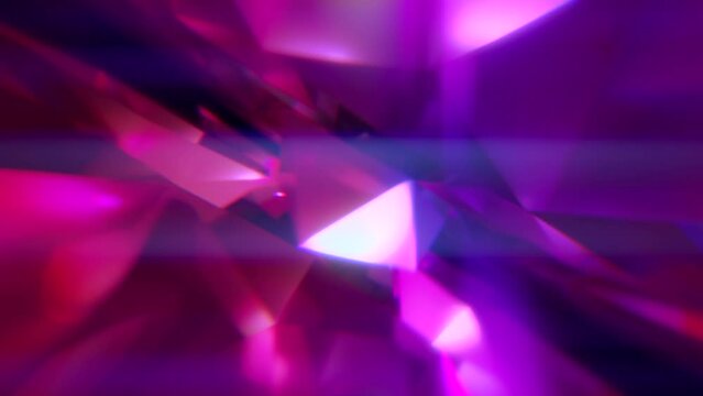 Flight through abstract geometrical colorful and glowing shapes tunnel - low poly semi-spheres move and rotate in front of camera going  through space filled with shiny and reflective objects. 4k Loop