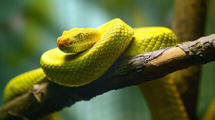 Bright Yellow Snake Coiled on a Branch - Generative AI
