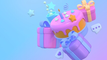 Concept happy day. Birthday cake vector background design. Happy birthday greeting text with yummy cake element decoration for kids party occasion. 3d render