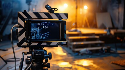 A film camera records a dimly lit stage with spotlights, fog, and setup equipment in a cinematic environment.