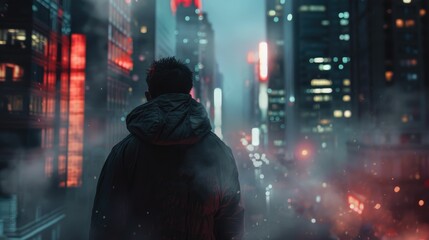 A person standing amidst a neon-lit, foggy cityscape at night, evoking a cyberpunk atmosphere.