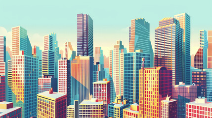 Fototapeta premium Colorful illustrated city skyline with tall buildings and clear sky