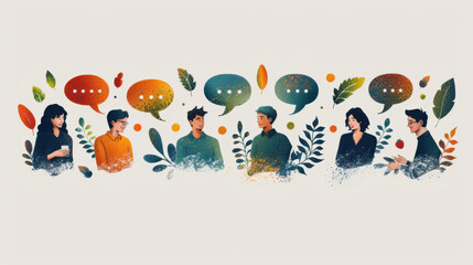Naklejka premium Artistic illustration of a team communicating with speech bubbles, emphasizing creativity and collaboration.