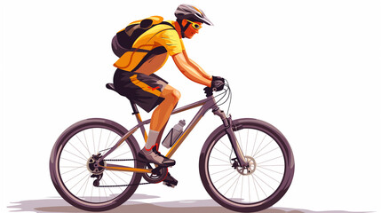 Naklejka premium Cyclist in yellow gear riding a bike with a water bottle, helmet, and backpack, isolated on a white background
