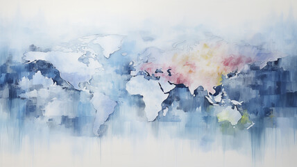 art work world map, background copy space backdrop, white and light blue colors, artistic imitation map
