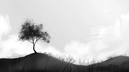 black and white art old dry tree on a hill black silhouette on a white background, minimalism symbol logo on white