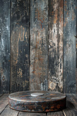 Fototapeta premium Rustic iron product display podium on a worn wooden background: Industrial and vintage, ideal for steampunk or retro products, the iron podium and wooden backdrop create a rugged and nostalgic setting