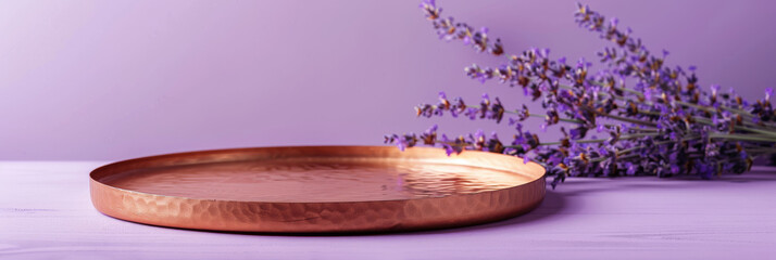 Shiny copper product display podium on a soft lavender background: Warm and luxurious, perfect for artisanal products or rustic decor, the copper podium and lavender background create a cozy and