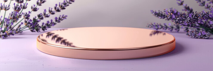 Shiny copper product display podium on a soft lavender background: Warm and luxurious, perfect for artisanal products or rustic decor, the copper podium and lavender background create a cozy and