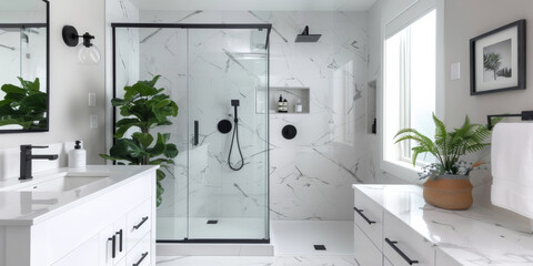 Sleek modern bathroom with white marble tiles, black fixtures, and a glass walk-in shower. Large mirror with backlighting, minimalist decor, and potted plants.