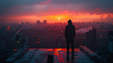 An inspiring image of a man's silhouette on a city rooftop, overlooking a sprawling cityscape, dawn breaking, embodying ambition and success.