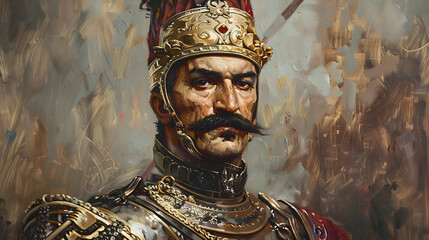 A Persian warrior with a majestic mustache and elaborate armor, painting.


