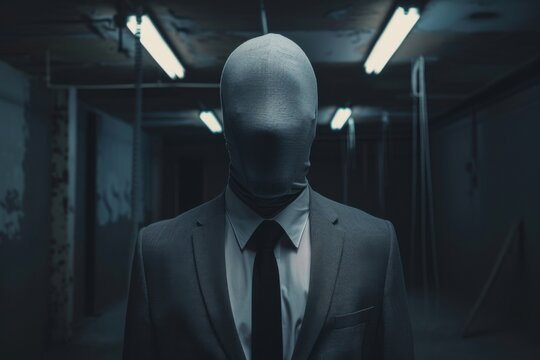 A faceless man wearing a suit and tie stands in a dimly lit, eerie corridor, evoking mystery and unease.