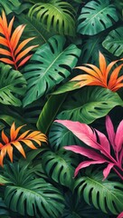 Fototapeta premium A close-up view of lush green tropical leaves, interspersed with bright orange and pink leaves, creating a vibrant and colorful scene