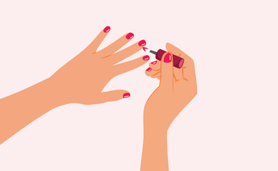 Person Applying Red Nail Polish Vector Cartoon illustration. Woman having her nails done at home 
