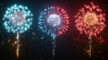 Fototapeta premium Three vibrant fireworks explosions in blue, red, and white colors illuminating the night sky with festive sparks.