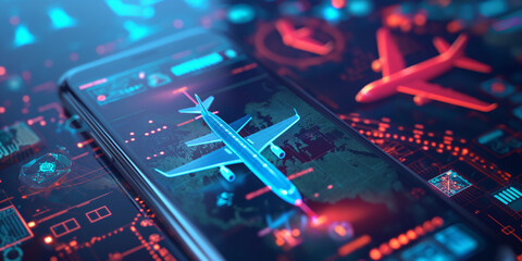 "Smartphone with Airplane Hologram - Futuristic Travel" | "Digital Airplane Navigation on Smartphone - Tech Travel Concept"