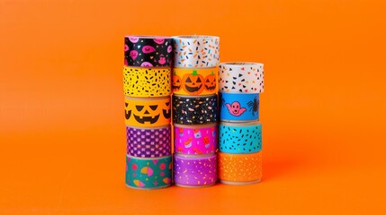 colorful rolls of washi tape, stacked haphazardly against a bright orange background. The tapes feature various Halloween patterns with jack o lanterns, spiders and ghosts