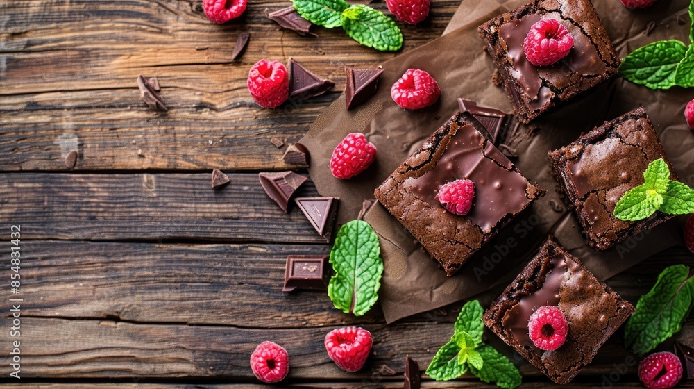 Aufkleber homemade brownies with dark chocolate raspberry and mint leaves on a wooden table high calorie cocoa