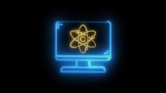 Quantum computing, innovation concept for global network, advancement and exploration. Glowing neon line animated quantum computing icon isolated on transparent background.