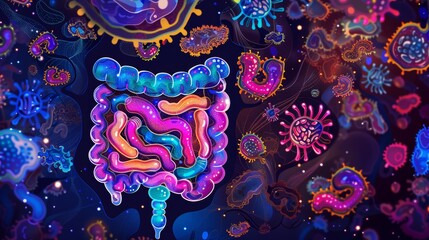 Colorful and detailed illustration of human intestines and microbiome, showcasing various bacteria and microorganisms.
