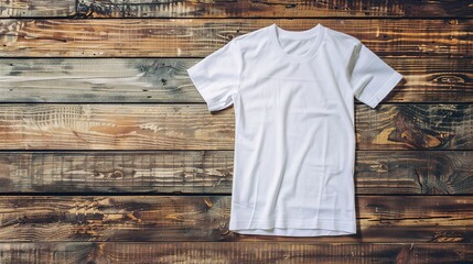 A blank white t-shirt on wooden table ,T shirt mockup psd template