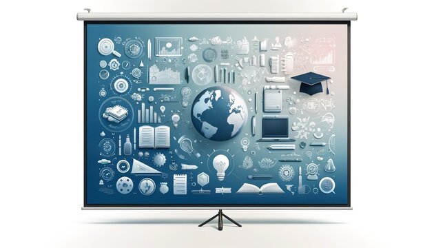 Educational design template 5 with educational subjects on a blue background demo screen