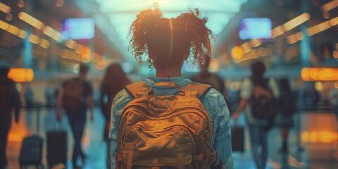 A young woman with a backpack walks through a busy airport terminal, surrounded by other travelers
