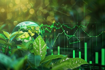 Eco-friendly concept with global sustainability, green economy graphs and lush plants indicating environmental growth and data analytics.