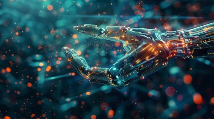 Cybernetic hand reaching out in a futuristic digital environment, showcasing cutting-edge technology and innovation.