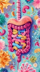 Fototapeta premium Illustration of human digestive system with colorful gut flora and microorganisms, highlighting microbiome health.