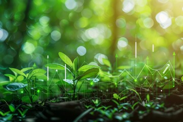 Young plant sprouts in lush greenery with data analytics overlay, symbolizing sustainable growth and environmental technology.