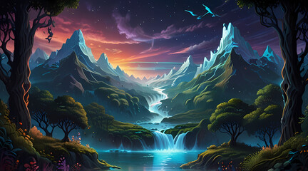 Illustrate a fantasy landscape where holographic waves flow through the air, intertwining with mythical creatures.
