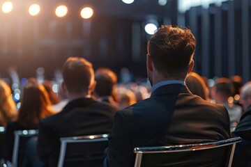 Attendees listening to a presentation at a business conference