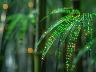 Digital Nature Fusion Abstract Representation of Technology and Nature with Green Binary Code Overlay on Palm Leaves for High Tech Backgrounds and Environmental Concepts